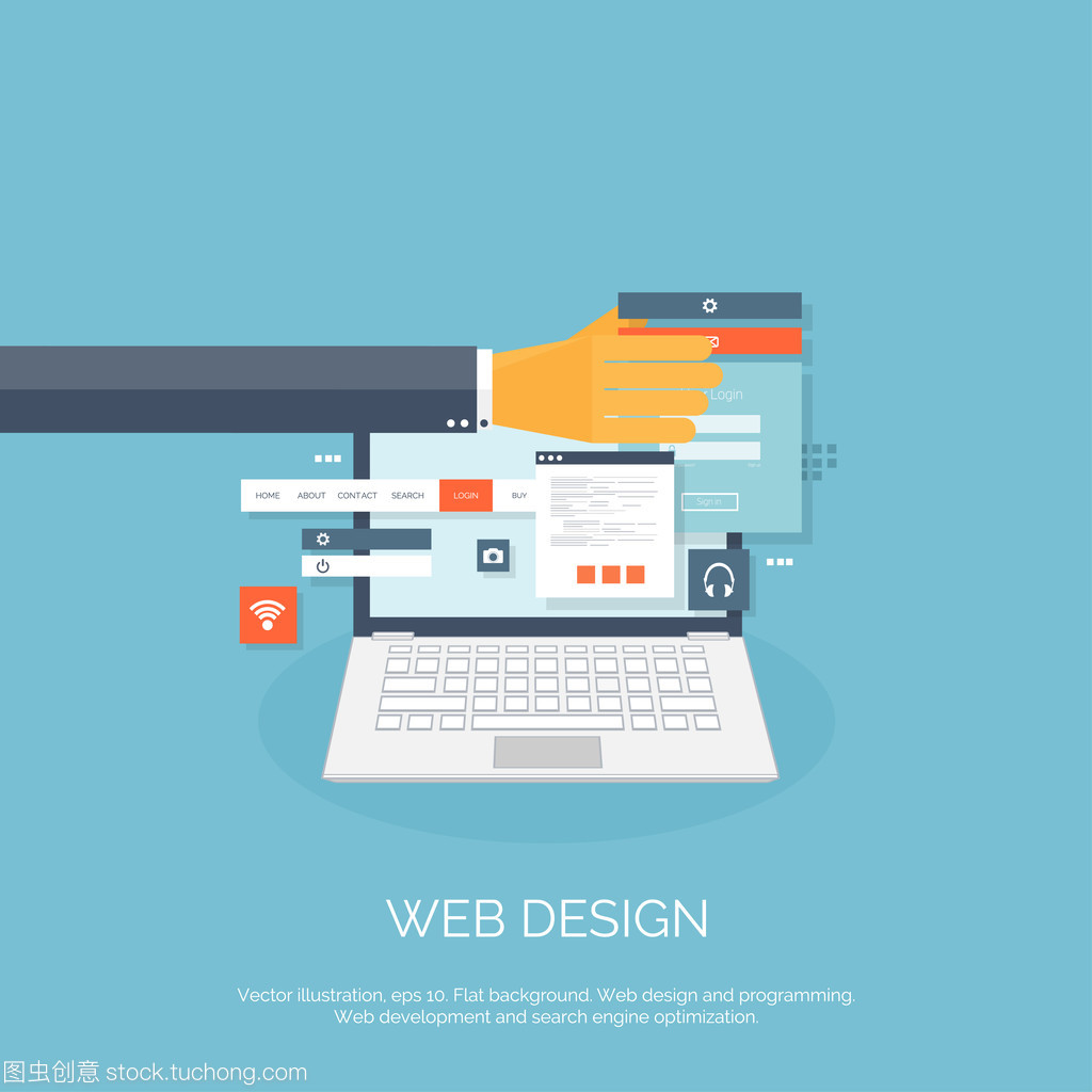 矢量圖。網頁設計。平的計算背景。編程和編碼。Web 開發和搜索。搜索引擎的優化。創新和技術。移動應用程序